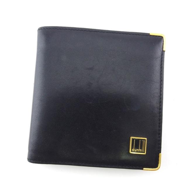 【X'masセール★30%OFF】ダンヒル Dunhill 二つ折り財布ロゴプレート ブラック ゴールド レザー メンズ 中古