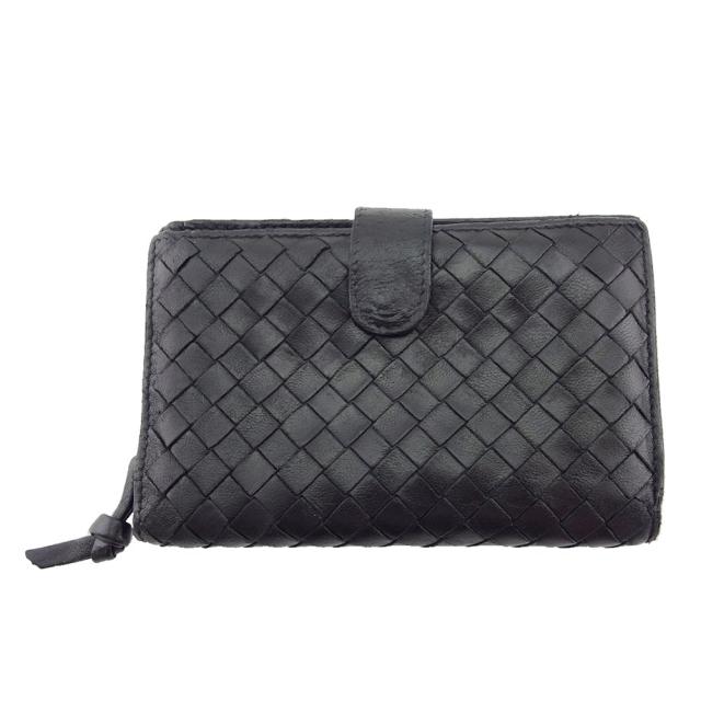 【BIGお買い物ラリー★30%OFFセール中】ボッテガヴェネタ BOTTEGAVENETA 長財布イントレチャート ブラック×ゴールド レディース 中古