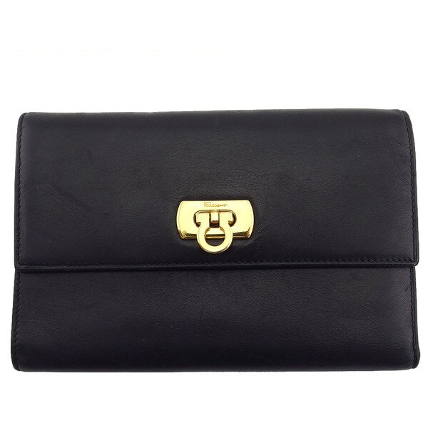 【X'masセール★30%OFF】サルヴァトーレフェラガモ Salvatore Ferragamo 三つ折り財布ガンチーニ ブラック×ゴールド レディース 中古
