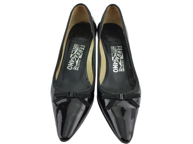 サルヴァトーレフェラガモ Salvatore Ferragamo パンプスリボン ♯4ハーフD ミニヴァラ ブラック 中古_1