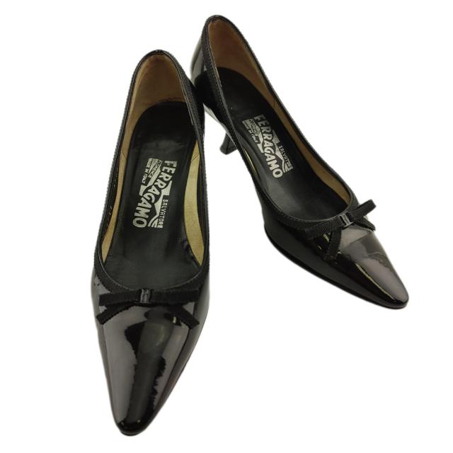 【BIGお買い物ラリー★30%OFFセール中】サルヴァトーレフェラガモ Salvatore Ferragamo パンプスリボン ♯4ハーフD ミニヴァラ ブラック 中古