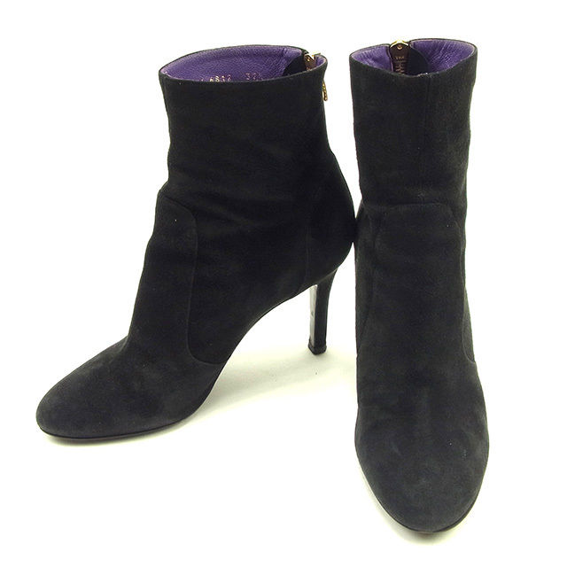 【BIGお買い物ラリー★30%OFFセール中】セルジオロッシ Sergio Rossi ブーツショート ♯37ハーフ バックファスナー ブラック×ゴールド レディース 中古