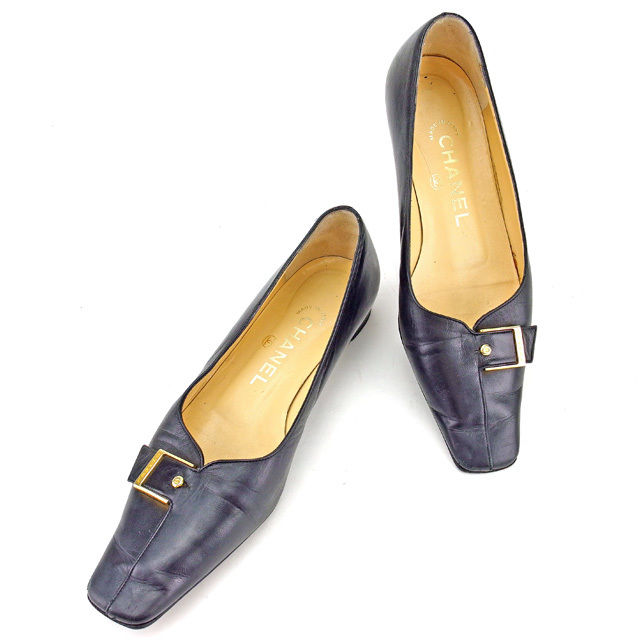 【BIGお買い物ラリー★30%OFFセール中】シャネル CHANEL パンプスベルトバックル ♯35ハーフC スクエアトゥ ブラック×ゴールド レディース 中古