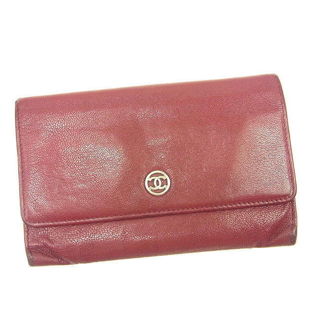 【BIGお買い物ラリー★30%OFFセール中】シャネル CHANEL 二つ折り財布ココボタン ボルドー×シルバー レディース 中古