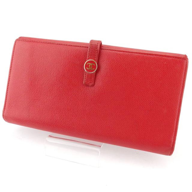 【BIGお買い物ラリー★30%OFFセール中】シャネル CHANEL 長財布ココボタン オールドシャネル レッド ゴールド レディース 中古