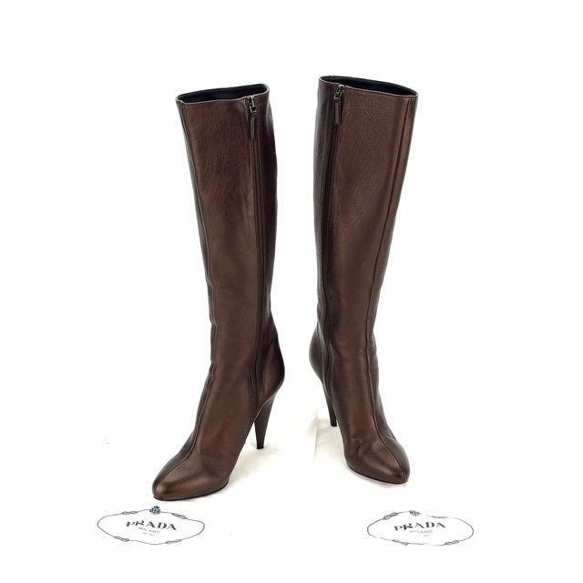 【BIGお買い物ラリー★30%OFFセール中】プラダ PRADA ブーツロング ♯35ハーフ ハイヒール ブロンズ レディース 中古