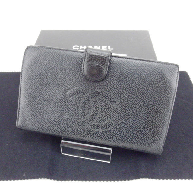 【X'masセール★30%OFF】シャネル CHANEL 長財布キャビアスキン ブラック×ゴールド レディース 中古