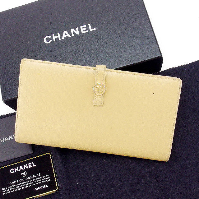 【BIGお買い物ラリー★30%OFFセール中】シャネル CHANEL 長財布ココボタン ベージュ×ゴールド レディース 中古