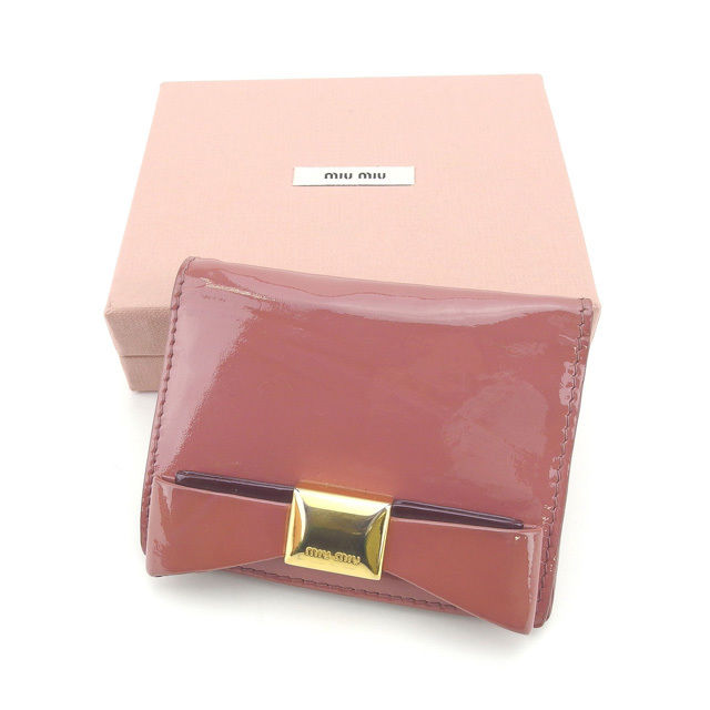【BIGお買い物ラリー★30%OFFセール中】ミュウミュウ MIUMIU カードケースリボンモチーフ ダークピンク×ゴールド レディース 中古