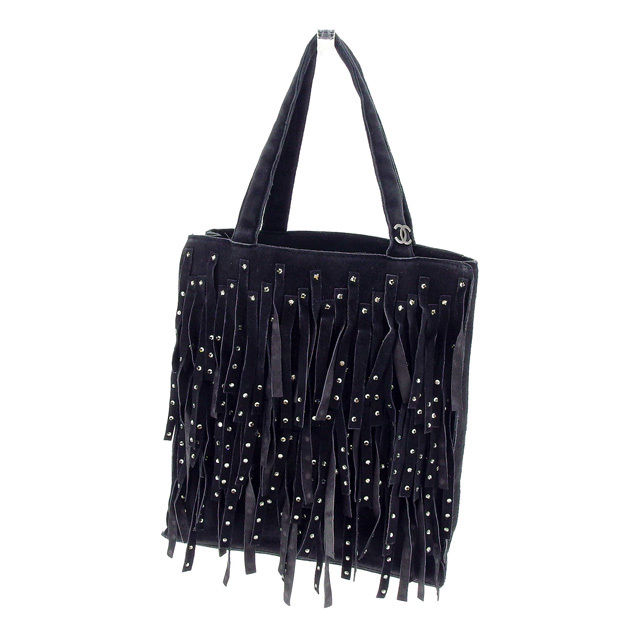 【BIGお買い物ラリー★30%OFFセール中】シャネル CHANEL ハンドバッグストーン付きフリンジ ココマーク ブラック×シルバー レディース 中古