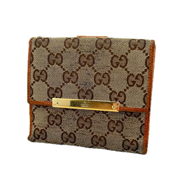 【BIGお買い物ラリー★30%OFFセール中】グッチ GUCCI 二つ折り財布ＧＧキャンバス ロゴプレート付き ベージュ×ブラウン×オレンジ レディース 中古