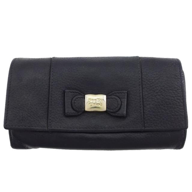 【X'masセール★30%OFF】シーバイクロエ SEE BY CHLOE 長財布L字ファスナー 財布 リボン KAY ケイ ブラック レザー×ゴールド金具 レディース 中古