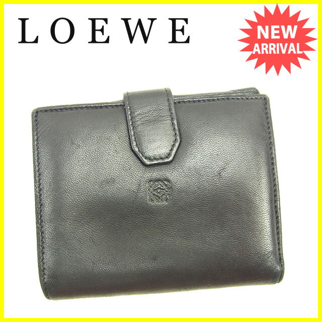 LOEWE Wホック 二つ折り コンパクト財布 アナグラム レザー ブラック LOEWE ロエベ Wホック財布 二つ折り コンパクトサイズ