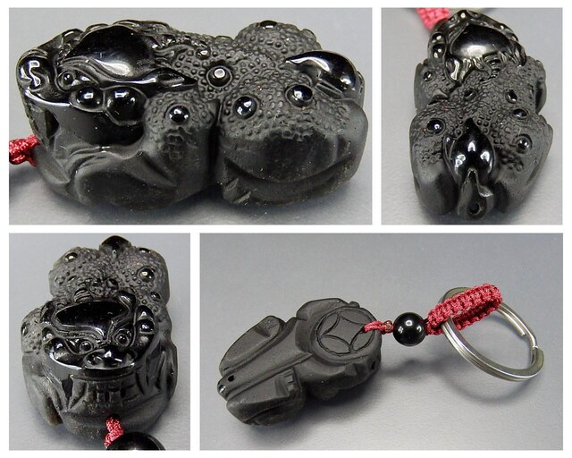 AAAオブシディアンヒキュウ仕様2天然石彫刻品キーホルダー魔除け金運蓄財運