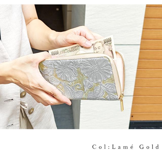 長財布 レディース 本革 財布 ラメ フラワー 花柄 花 ラウンドファスナー ウォレット 革 牛革 レザー カード収納 革財布 ラウンド長財布 サイフ さいふ_2