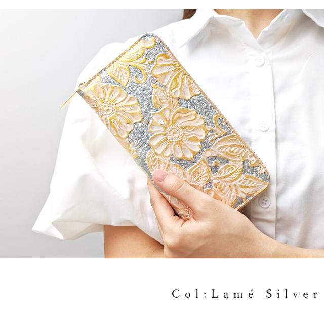 長財布 レディース 本革 財布 ラメ フラワー 花柄 花 ラウンドファスナー ウォレット 革 牛革 レザー カード収納 革財布 ラウンド長財布 サイフ さいふ_3