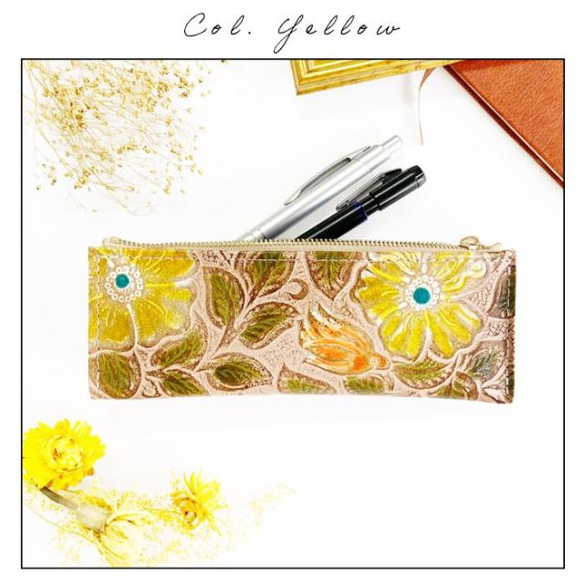 ペンケース ペン入れ 筆箱 レザー コンパクト 本革 レトロな 花 型押し