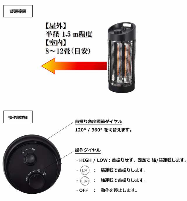 電気ヒーター サラマンダーヒーター 足元ヒーター 防水仕様 IPX5 1200W 360度首振り機能 転倒時自動OFF 屋外のデッキテラス カフェ オー