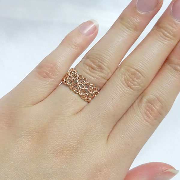 K18ピンクゴールド 幅広透かしダイヤモンドリング 4g デザイン指輪-