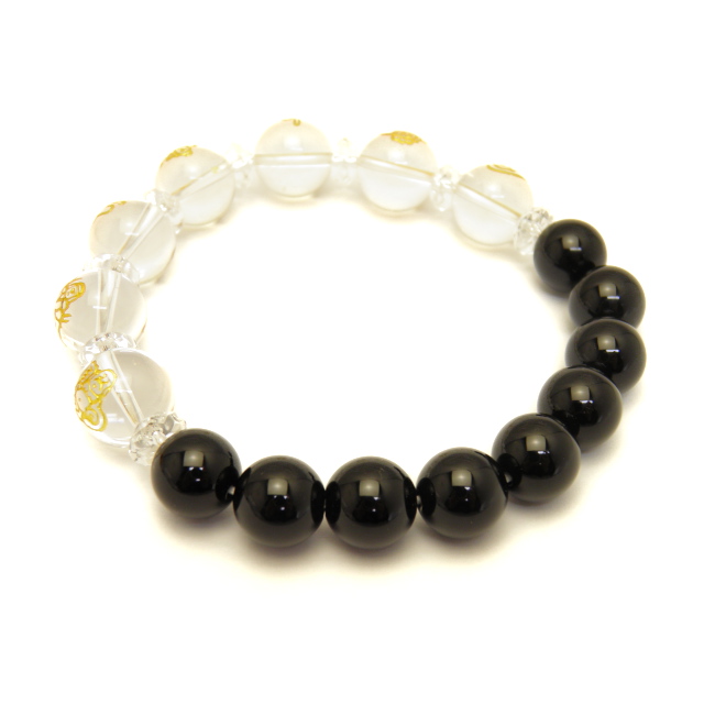 水晶 金彫り 七福神12mm＆モリオン/黒水晶10mm玉オリジナルブレスレット 数珠 ブレスレット 天然石 パワーストーン プチギフト 転勤 退職 お礼 母の日 敬老の日 ギフト_1
