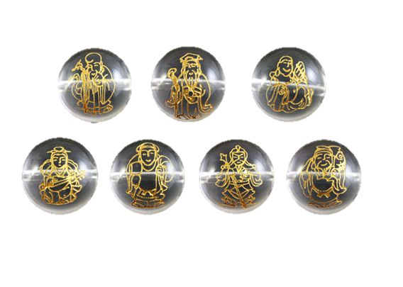 七福神 水晶(金色入り) レーザー彫 7粒セット No.002 14mmセット【彫刻ビーズ】天然石 パワーストーン