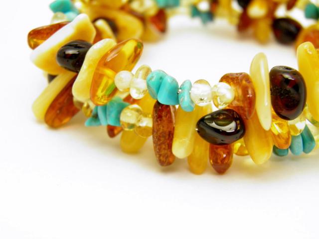 ターコイズ×ハニーカラー×コニャックアンバーさざれワイヤーブレスレット【バルト海産・天然琥珀】パワーストーン_1