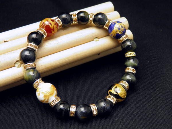 天然石 四神獣ブレスレット 各種金彫り12mm ブルータイガーアイ パワーストーン 四神相応数珠ブレスレット バラ売り メンズ レディース 四神獣パワーストーン