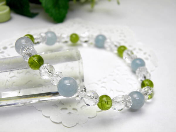 【Premium_6´sブレスレット】 8mm＆6mmシンプルブレスレット アクアマリン＆ペリドット 天然石 パワーストーン
