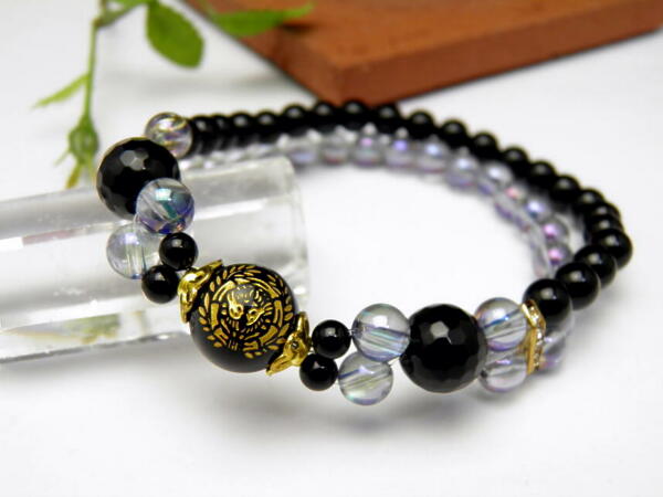 天然石 戦国武将 伊達政宗 オニキス アクアオーラ 二連ブレスレット 送料無料 天然石 風水 パワーストーン