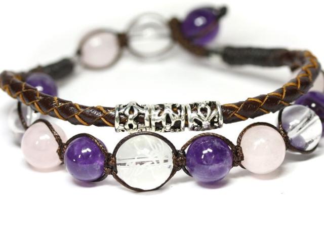 【ブレスレット】編込みレザーブレス 水晶(素彫り) 五爪龍入り アメジスト・ローズクォーツ 天然石 パワーストーンの通販は