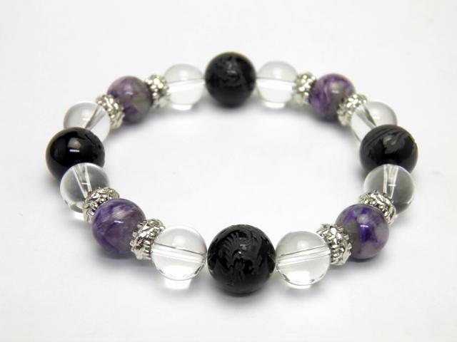 天然石 四神獣ブレスレット チャロアイト＆水晶＆四神獣 オニキス パワーストーン 四神相応数珠ブレスレット バラ売り メンズ レディース 四神獣パワーストーン パワーストーン四神獣 パワーストーンの通販は