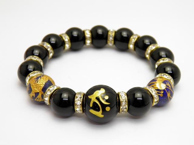 大玉 梵字金彫 オニキス 金龍 ラピスラズリ 数珠 ブレスレット 送料無料 風水 パワーストーンの通販は
