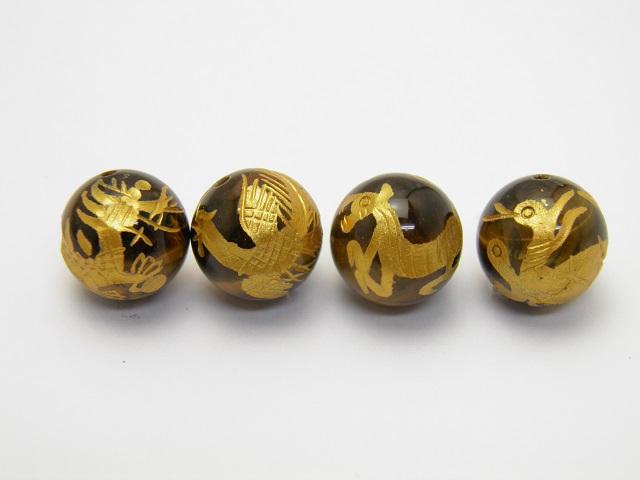 四神獣彫刻ビーズ タイガーアイ金彫り 14mm 青龍・朱雀・白虎・玄武 セット 天然石 パワーストーン
