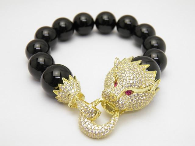 タイガー（虎）CZダイヤ（キュービック・ジルコニア）ブレスレット オニキス ゴールドカラー パワーストーンの通販は
