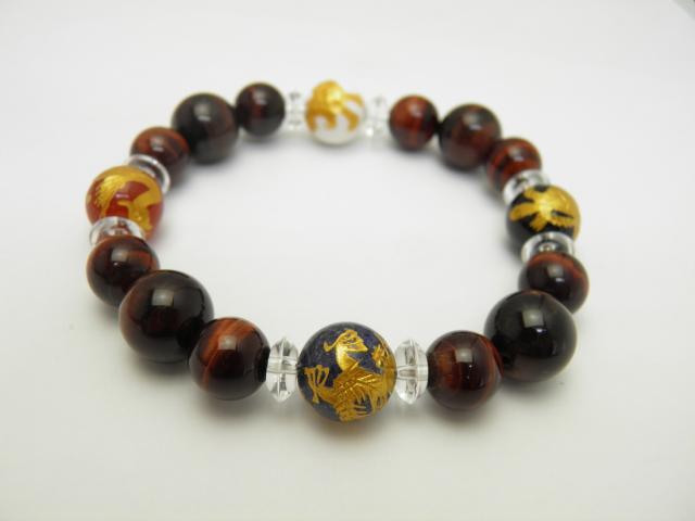 天然石 四神獣ブレスレット 各種金彫り12mm レッドタイガーアイ
