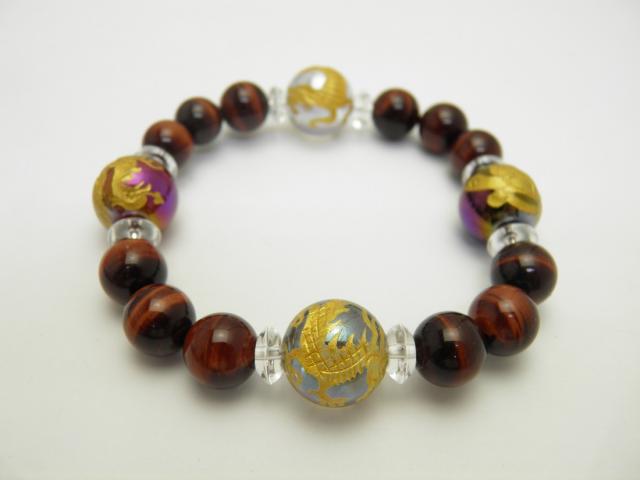 天然石 四神獣ブレスレット オーラ丸玉(金色入り)金彫り14mm レッドタイガーアイ10mm