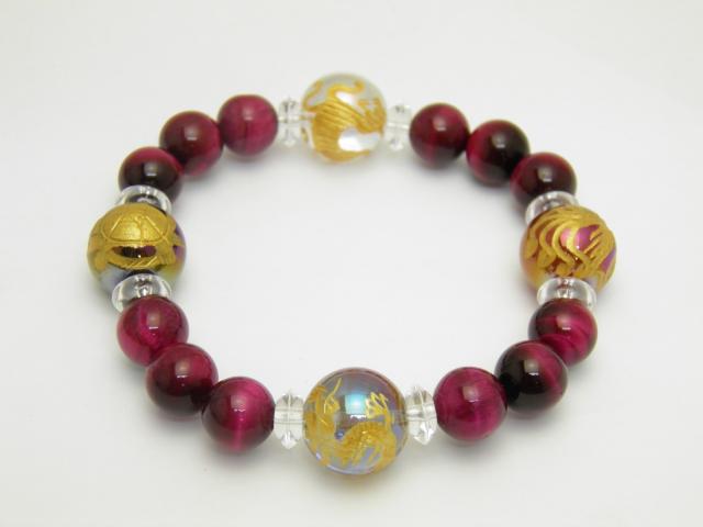 天然石 四神獣ブレスレット オーラ丸玉(金色入り)金彫り14mm ピンクタイガーアイ10mm