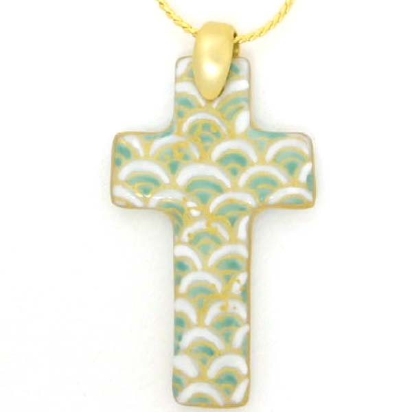 【送料無料】 京焼 清水焼 磁器 ペンダント 青海波・緑と白(十字)の通販は