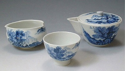 平安清昌作京焼（清水焼)茶器揃(染付ラン) ☆ 平安光泉 清水焼