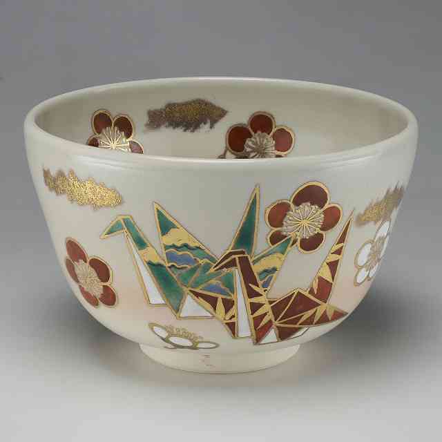 【送料無料】 京焼 清水焼 抹茶碗 金彩折り鶴