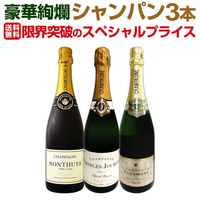 【送料無料】第23弾！1本あたり5,317円(税込)！厳選された高級辛口シャンパンがこの価格！さらにお得になった豪華絢爛シャンパン3本セッ 11,165円