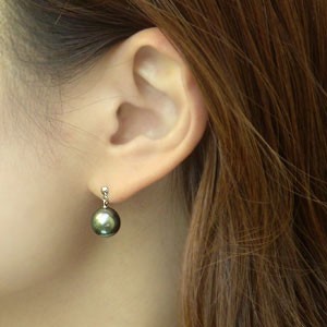 黒真珠ピアス ブラックパールピアス タヒチ黒蝶真珠 9-9.5mm