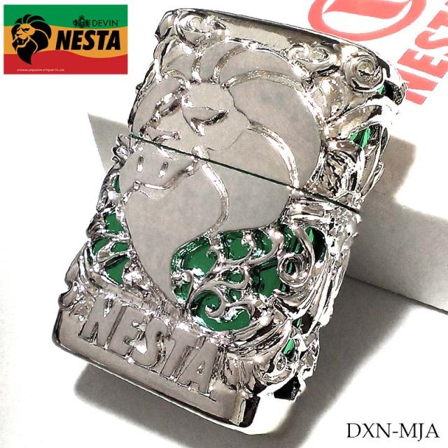 NESTA オイルライター メタルジャケット シルバー&amp;グリーン DEVIN 日本製 ライター 超重厚 ネスタ 豪華 銀 メンズ アクセサリー かっこいい