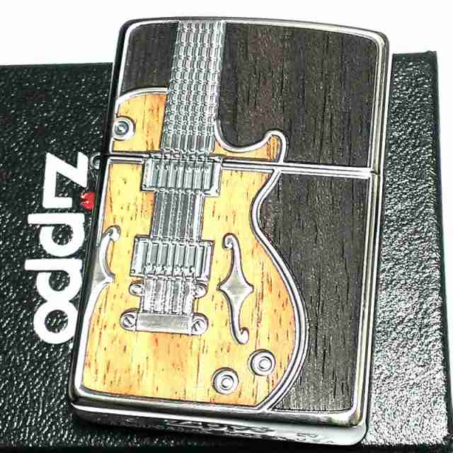 ZIPPO ライター アンテーク ギター ジッポ シルバーイブシ 天然木象嵌 