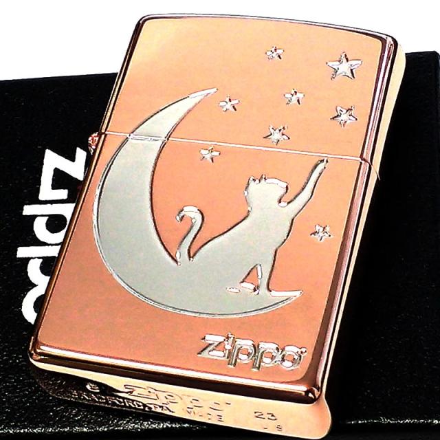 ZIPPO 月とネコ ピンクゴールド 猫 ジッポ ライター シルバー ロゴ おしゃれ レディース ねこ かわいい 星 彫刻 女性 シンプルの通販は 8,415円