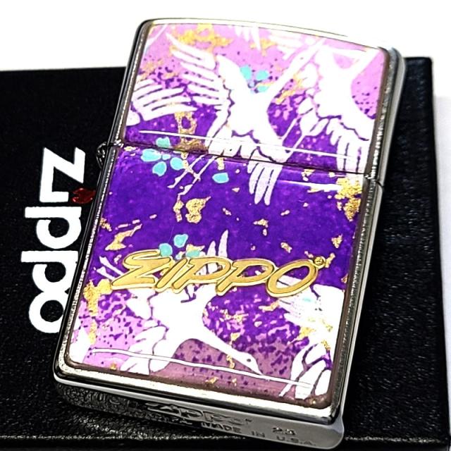 ZIPPO 和柄 鶴 友禅和紙 おしゃれ ジッポ ライター ロゴ 和風 日本 ツル 綺麗 紫 お守り エポ盛り レディース かっこいい パープル メンズ ギフト プレゼント_1