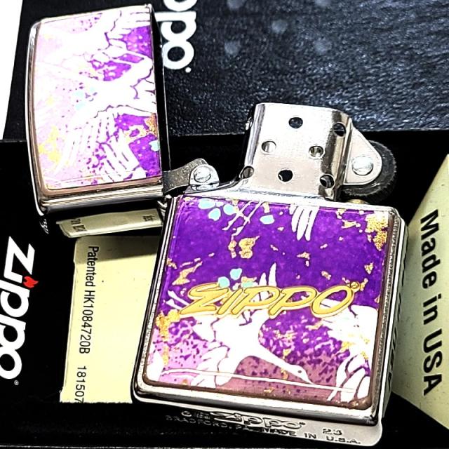 ZIPPO 和柄 鶴 友禅和紙 おしゃれ ジッポ ライター ロゴ 和風 日本 ツル 綺麗 紫 お守り エポ盛り レディース かっこいい パープル メンズ ギフト プレゼント_2