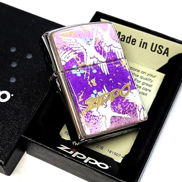 ZIPPO 和柄 鶴 友禅和紙 おしゃれ ジッポ ライター ロゴ 和風 日本 ツル 綺麗 紫 お守り エポ盛り レディース かっこいい パープル メンズ ギフト プレゼント_4