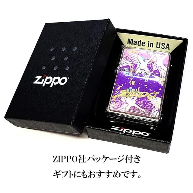 ZIPPO 和柄 鶴 友禅和紙 おしゃれ ジッポ ライター ロゴ 和風 日本 ツル 綺麗 紫 お守り エポ盛り レディース かっこいい パープル メンズ ギフト プレゼント_5