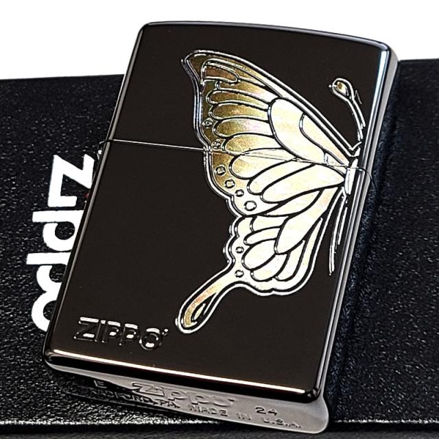 ZIPPO ライター ジッポ 蝶 ホワイトバタフライ シェル模様 両面加工 ブラックニッケル ジッポロゴ 美しい 彫刻 おしゃれ かわいい 黒 レディース ギフト プレゼント_1